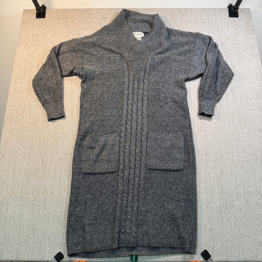 Donna Toran Vintage Gray Cable Knit Shawl Collar Sweater Dress Large